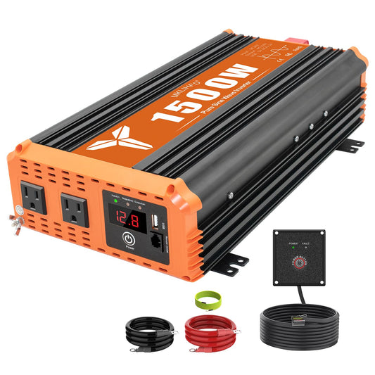 1500 Watt Pure Sine Wave Power Inverter 24V DC to 120V AC, 3000W Surge Peak Power, Inverter for RV, Truck, Solar, Campers with 2 AC Outlet, 5V 2.0A USB, Remote Control Compatible with Lithium
