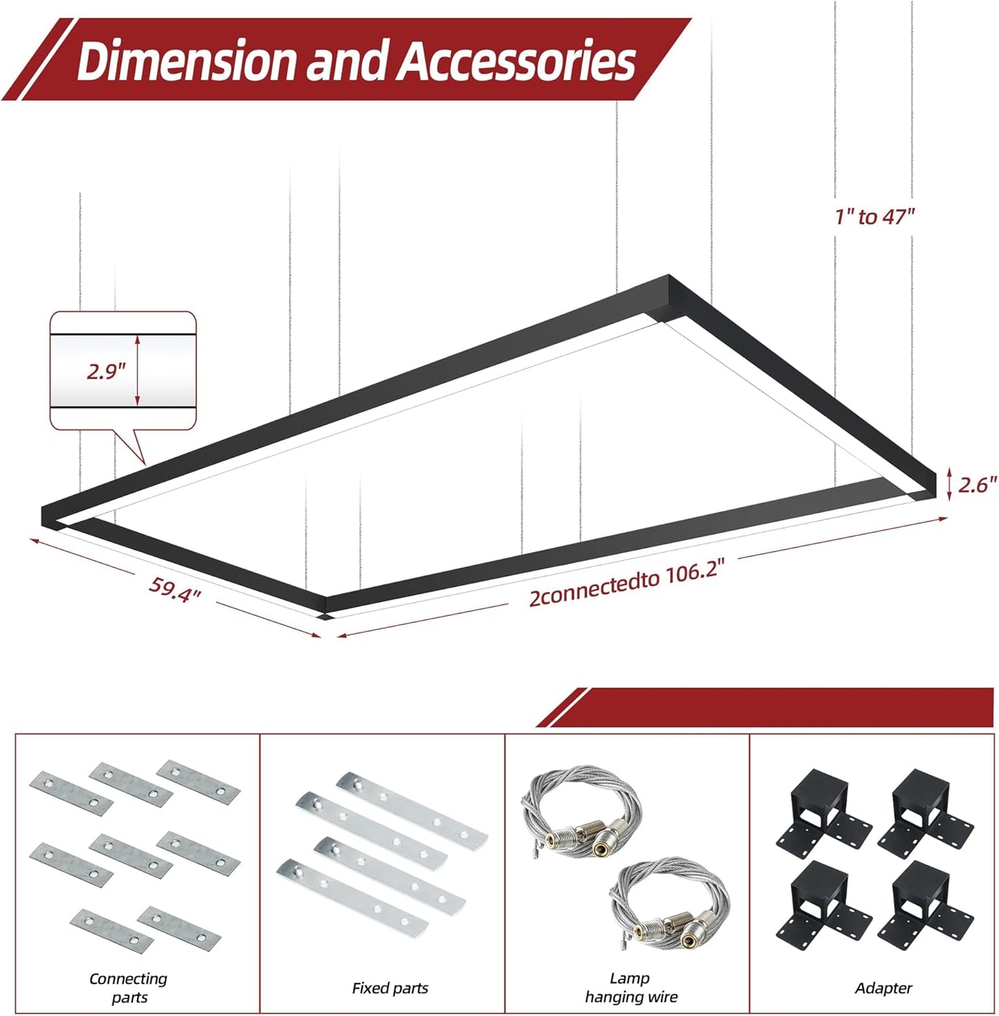 8FT x 4FT LED Linear Light Rectangular Set with Remote Control, 50W Seamless Connection, 3000K to 6000K Color Changing, Co