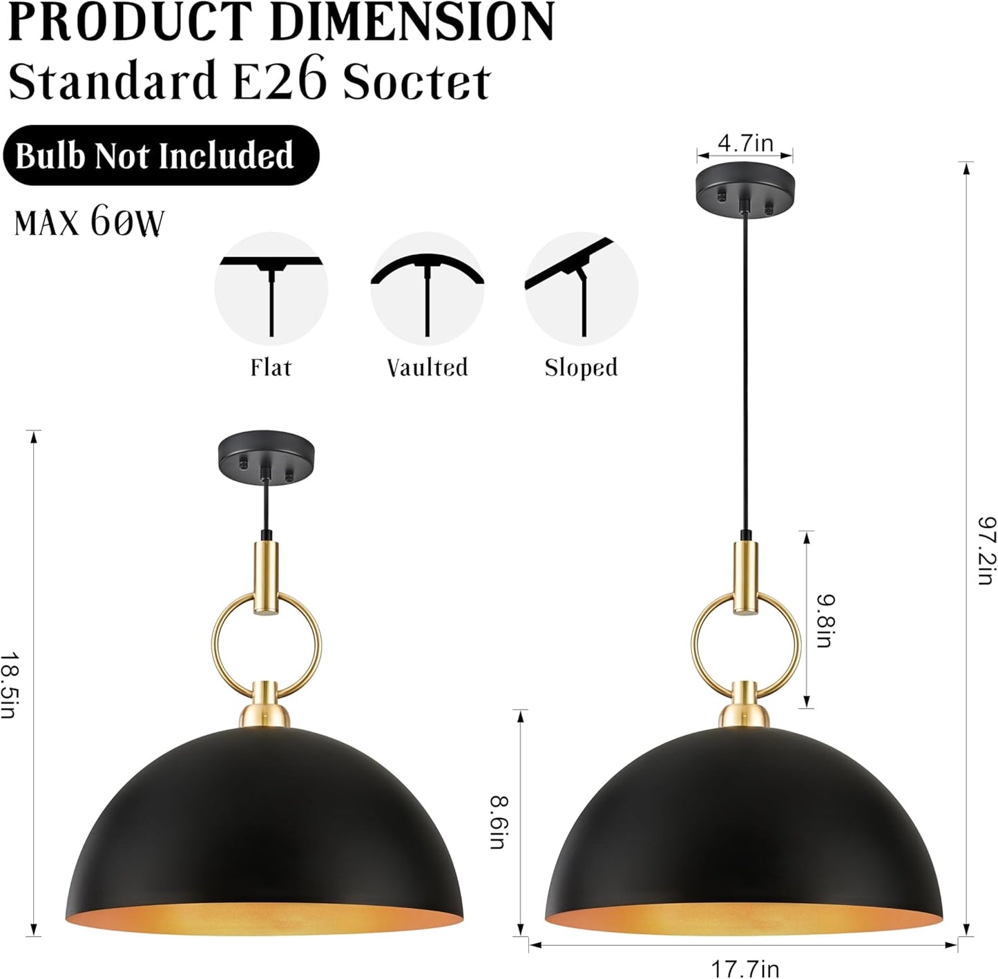 Corlaceling 17.7&#34; Large Pendant Light for Kitchen Island Farmhouse Black and Gold Pendant Lighting Industrial Dome Pendant Light Fixture for