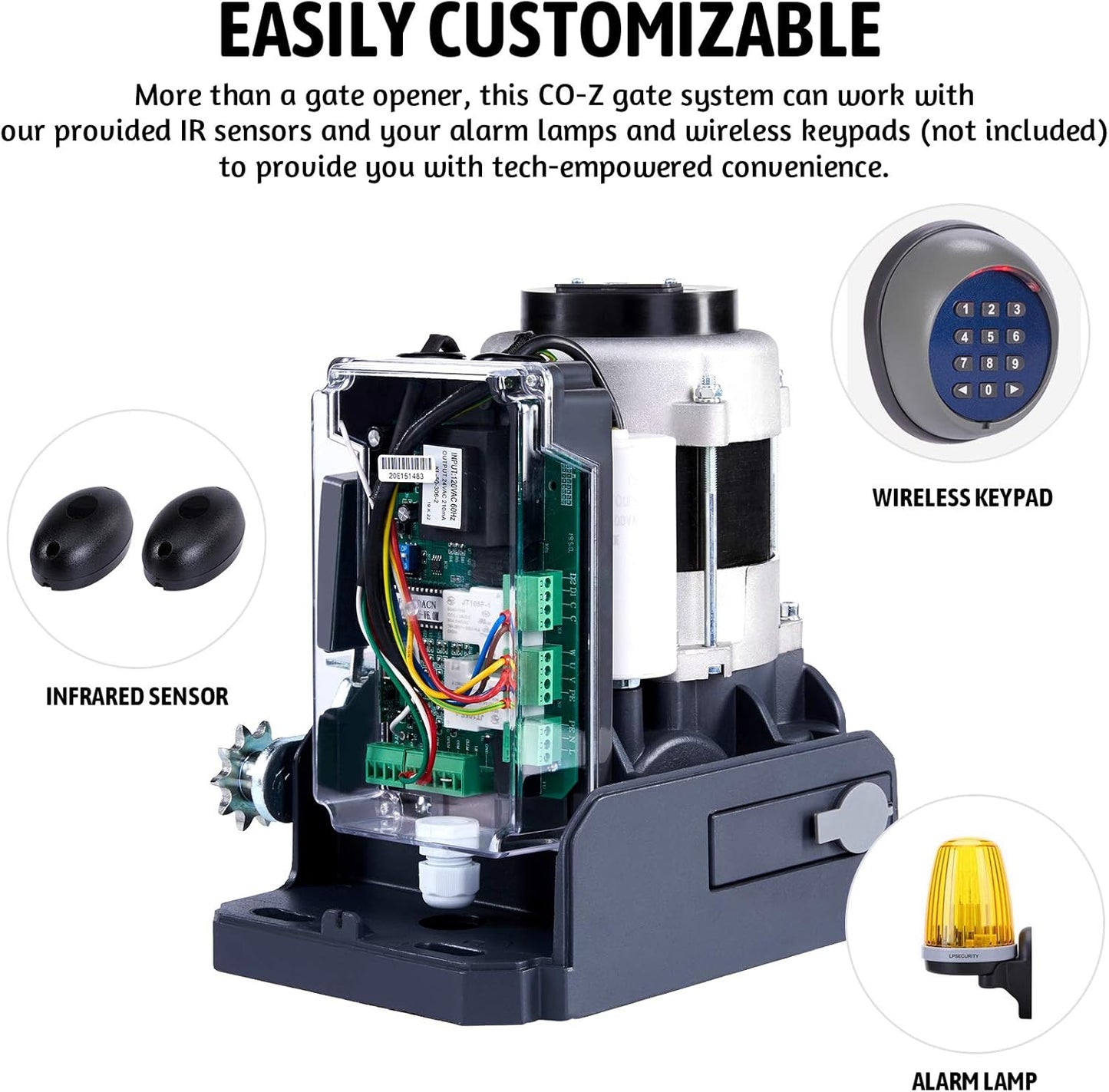 Complete Gate Operator Hardware Security System Kit for Sliding 3300lbsGates Up to 40 Feet, Automatic with Two Remote Controls, Electric Rolling