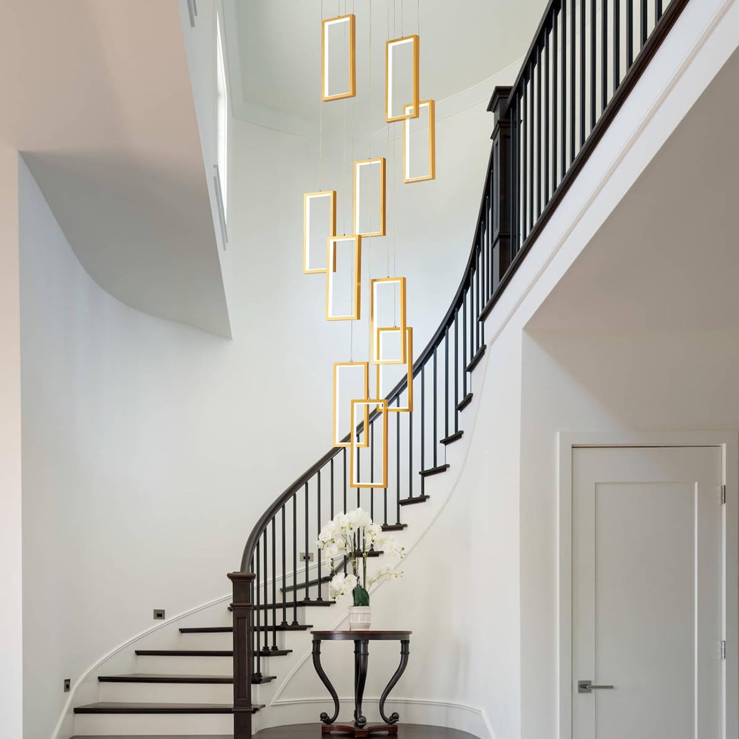 Modern LED Chandelier 10 Rings Rectangle Chandelier Dimmable With Remote Control Gold Pendant Light 120in Adjustable Height Long Staircase