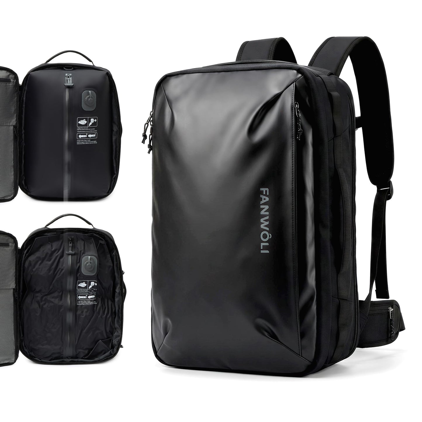 Fanwoli Vacuum Travel Backpack,One-Touch Compression,Converts to Crossbody | Built-in Electric Pump,Carry On,900D Water-Repellent Oxford, Wet/Dry & Shoe Compartments, Anti-Theft Zipper, Fits 17" Laptop Obsidian Black