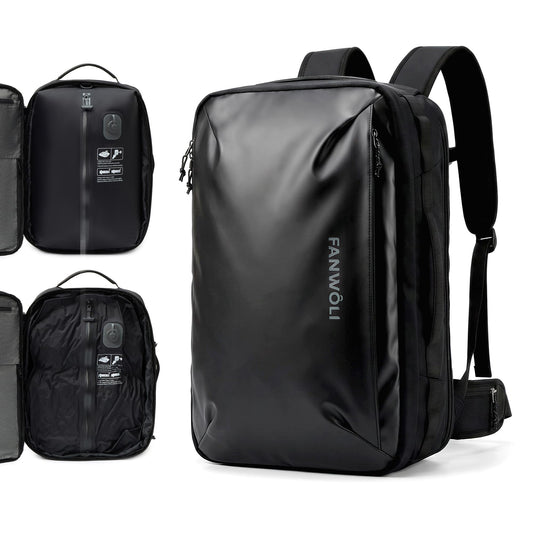 Fanwoli Vacuum Travel Backpack,One-Touch Compression,Converts to Crossbody | Built-in Electric Pump,Carry On,900D Water-Repellent Oxford, Wet/Dry & Shoe Compartments, Anti-Theft Zipper, Fits 17" Laptop Obsidian Black