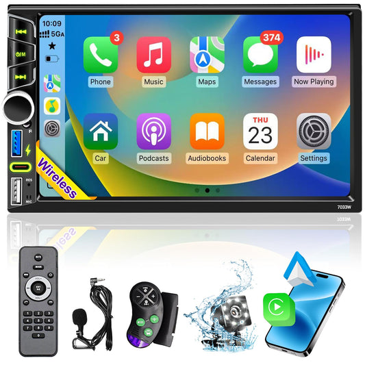 Wireless Double Din Car Stereo Apple CarPlay Android Auto,7" Touchscreen Car Radio Receivers, Bluetooth 5.2,FM AM Radio,Backup Camera,Physical Knob,SWC,Equalizer,Subwoofer,MirrorLink,USB/Type-C