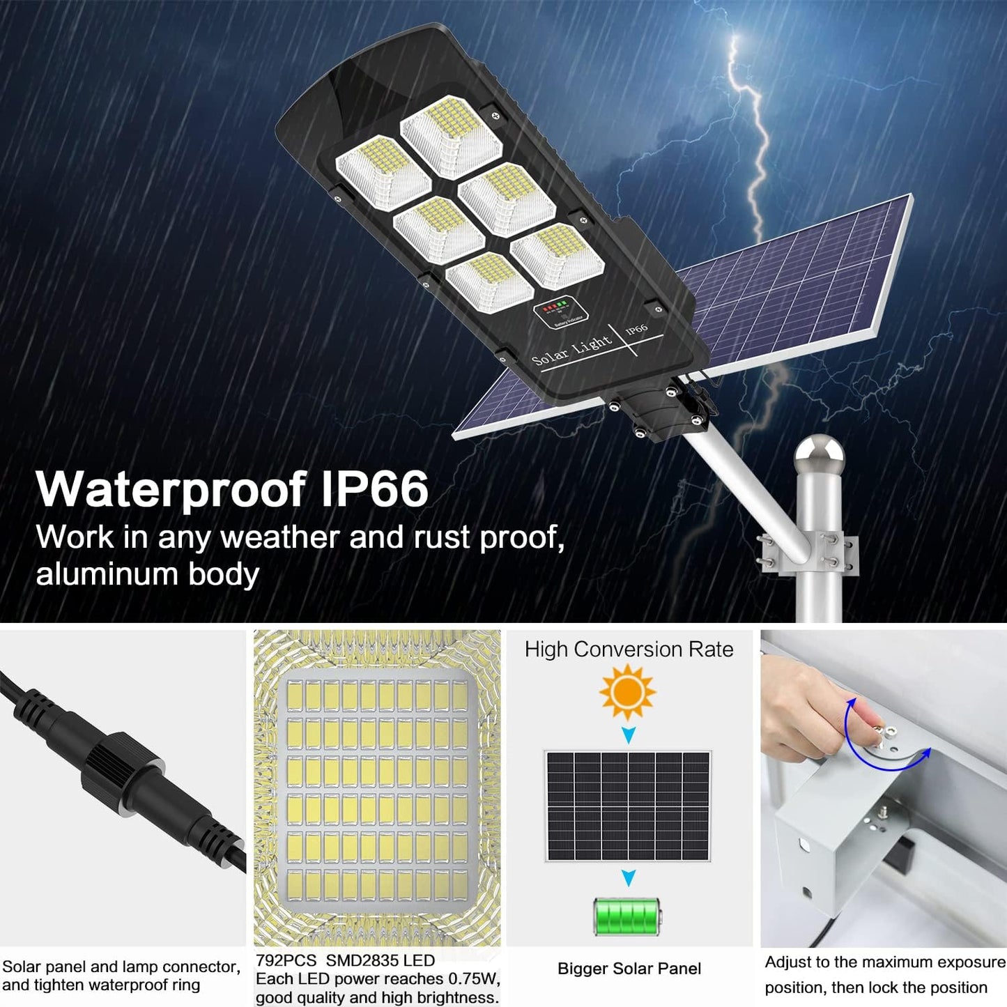 JOYEYE 1000W Solar Street Light Outdoor Dusk to Dawn 60000 Lumens Motion Sensor LED Solar Parking Lot Lights IP66 Waterproof with Remote Control for