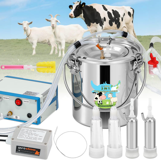 Upgraded 2 in 1 Goat Milking Machine 7L, 304 Stainless Steel Bucket, with 4 Teat Cups for Goat & Cow, Continuously Adjustable Pulsation Vacuum Milker