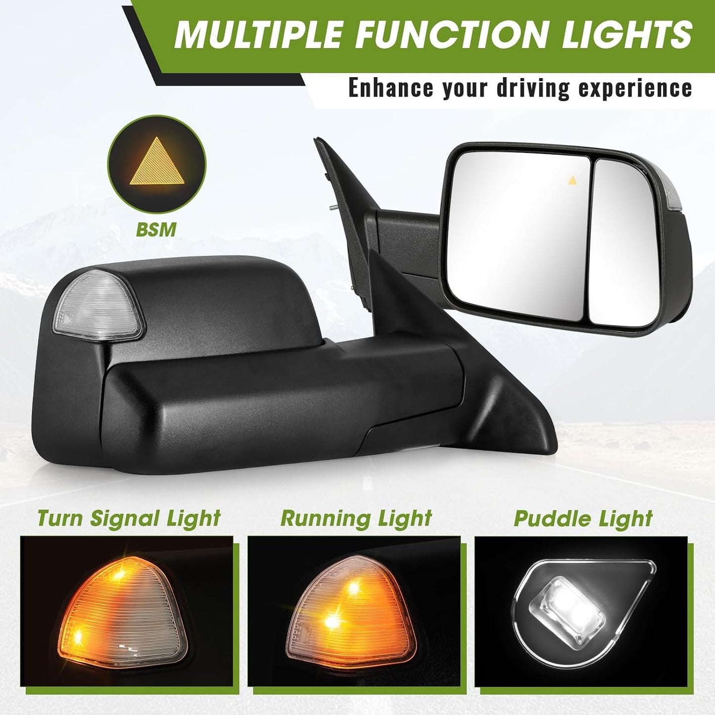 Passenger Side Tow Mirror for 2019-2022 Ram 2500 3500 | Right Side Mirror, BSM, Turn Signal & LED Running & Puddle Lights, Power Heated, Manual Fold Flip-Up