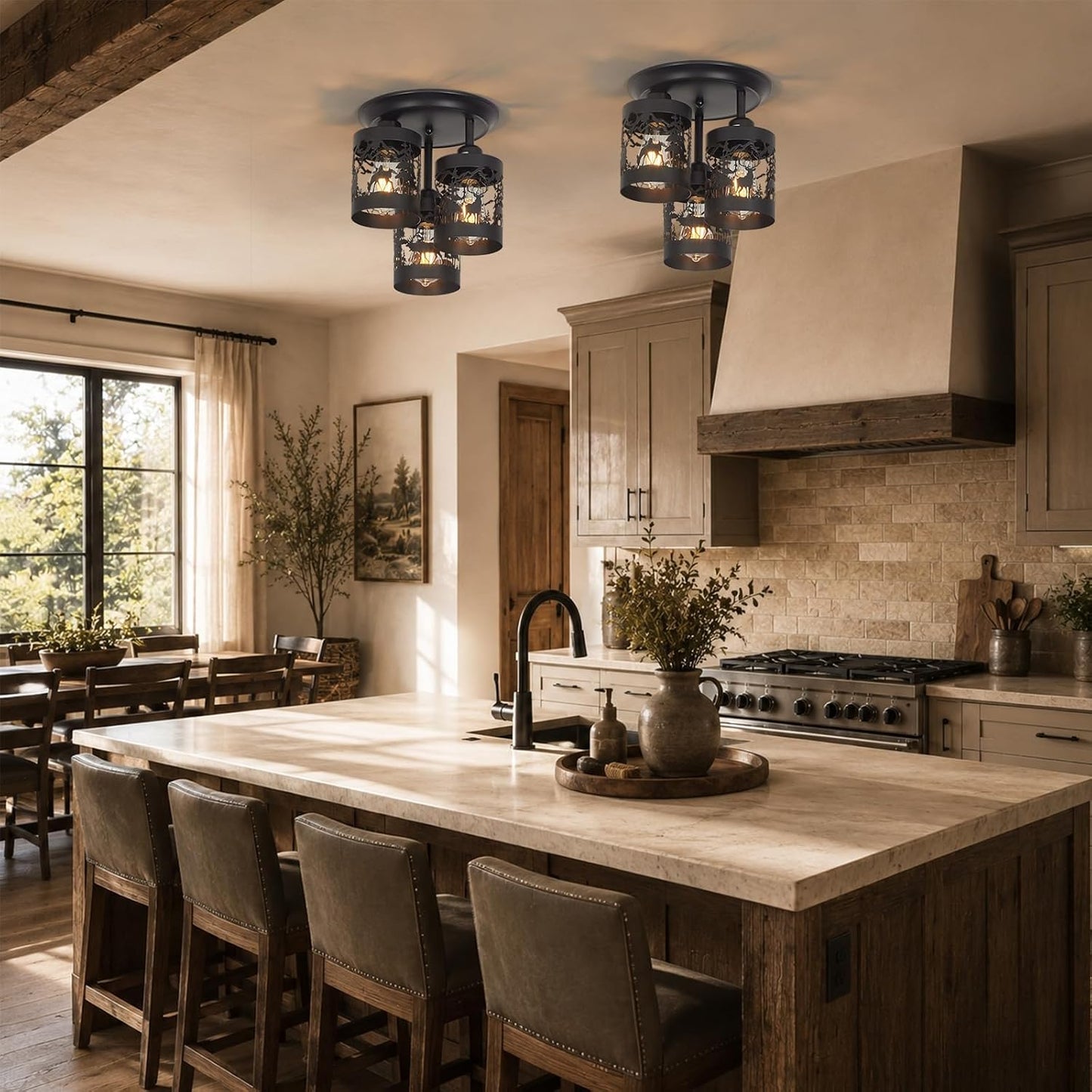 3-Light Rustic Farmhouse Semi Flush Mount Ceiling Light Fixture | Deer & Forest Design, Black Metal Shades, E26 Base