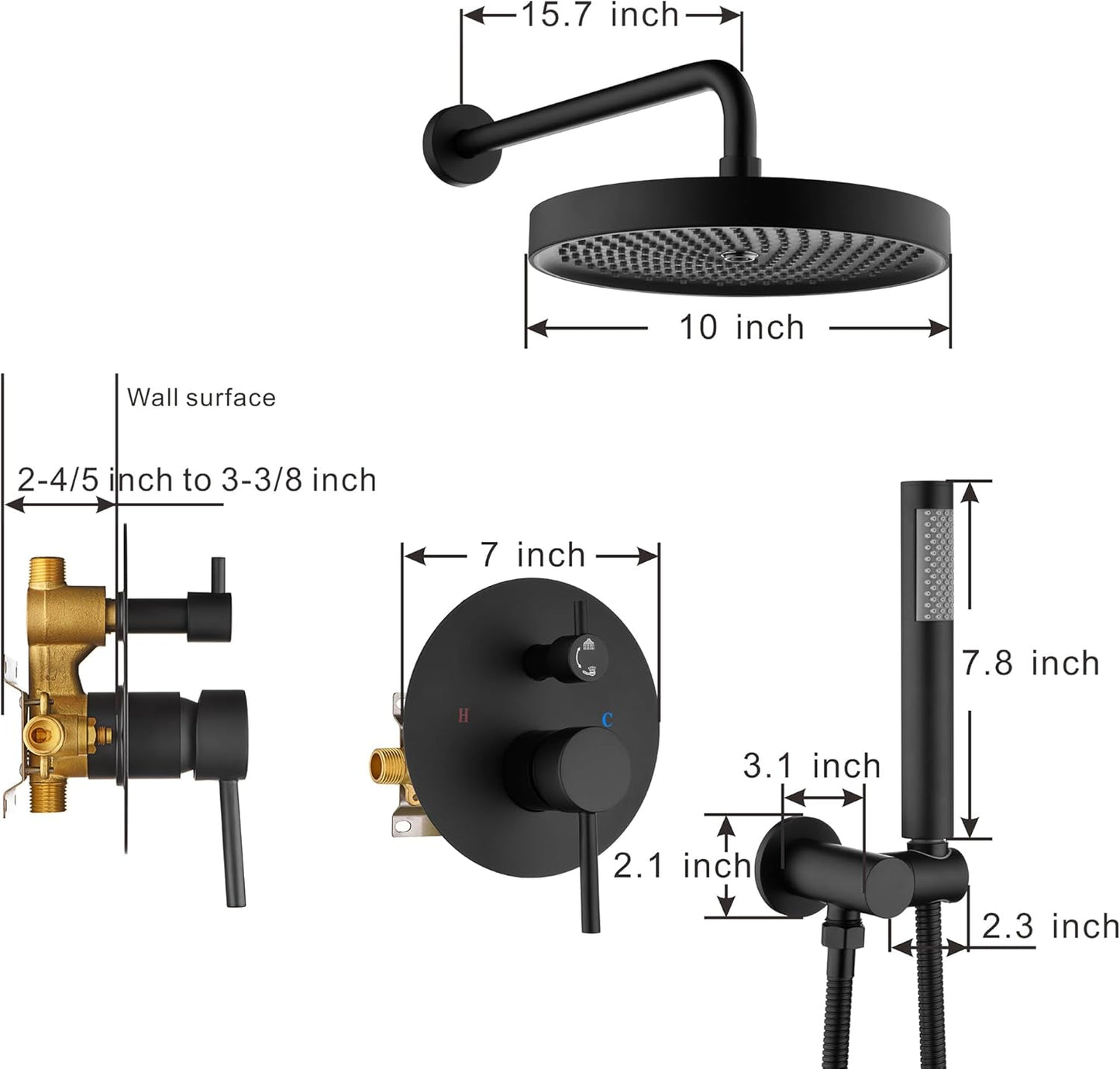 Foroute Black Shower Faucets Sets Complete, Matte Black Shower Fixtures, Shower System with 10 Inch Rainfall Shower Head And High Pressure Handheld,