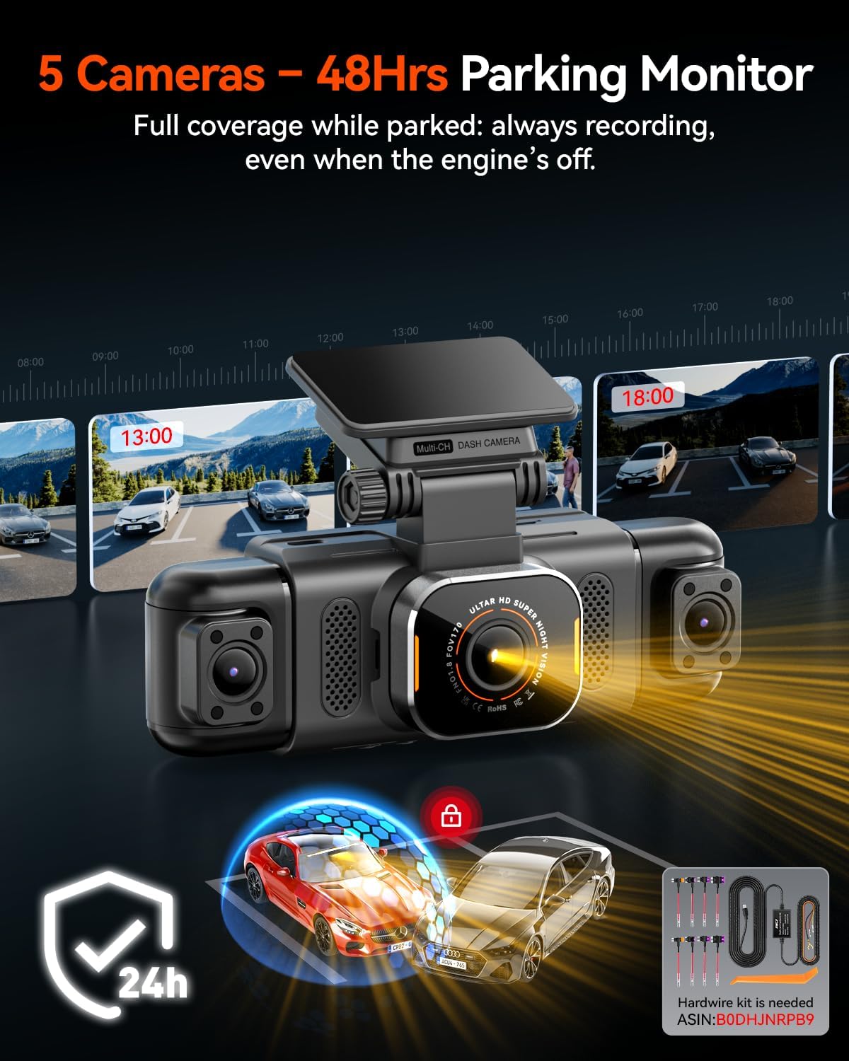 IIWEY N9 360° 5 Channel Dash Cam, Free 128GB Card, 12 IR LEDs Night Vision | 5.8G WiFi-6 with App (up to 20MB/s), 24/7 Parking Mode, Front & Rear Inside, Left, Right Dash Camera for Car, GPS, G-Sensor