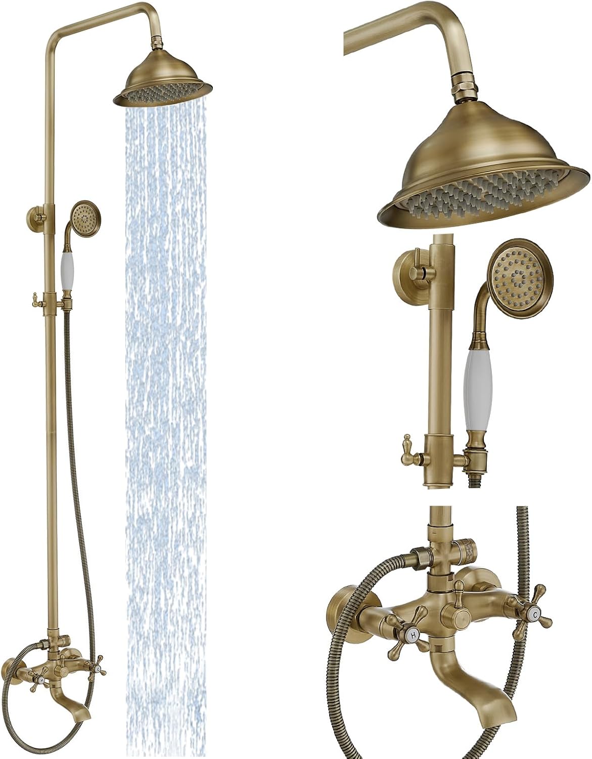 Bathfinesse Outdoor Shower Faucet Antique Brass, Bathroom Shower System Set with 3 Shower Function, Exposed Pipe Shower System, Wall Mount (Antique