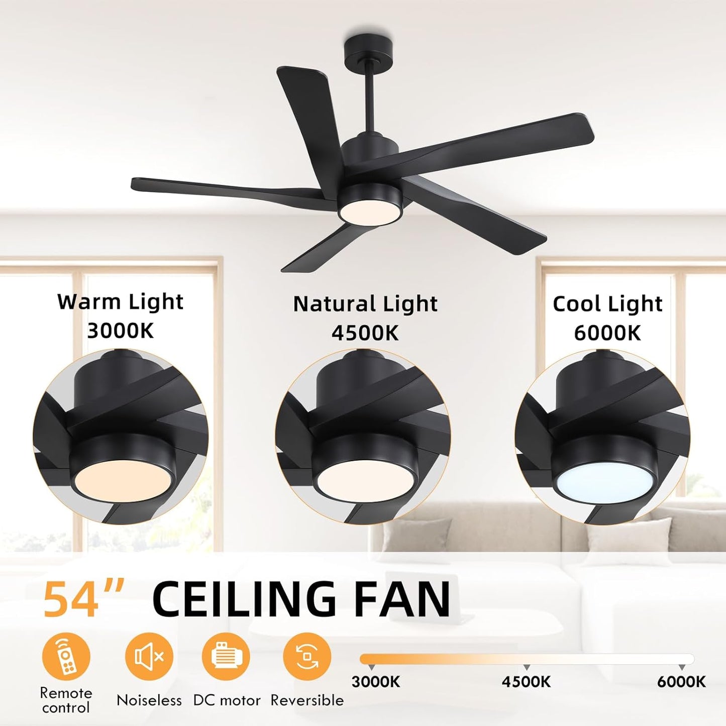 WINGBO 54' ABS DC Ceiling Fan with Lights, 5 Blade ABS Plastic Ceiling Fan with Remote, 6-Speed Reversible DC Motor, LED Ceiling Fan for Kitchen