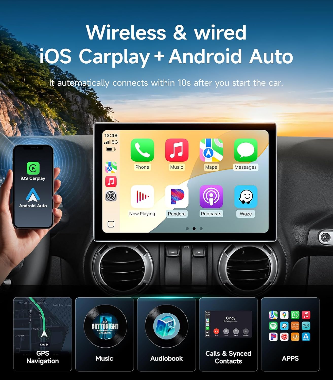 11.5 Inch 8-Core Car Stereo Radio for Jeep Wrangler JK, Compass, Grand Cherokee, Dodge Ram, Support Wireless CarPlay & Android Auto, 5G WiFi, HD Touchscreen, GPS Navigation, HD Backup Camera