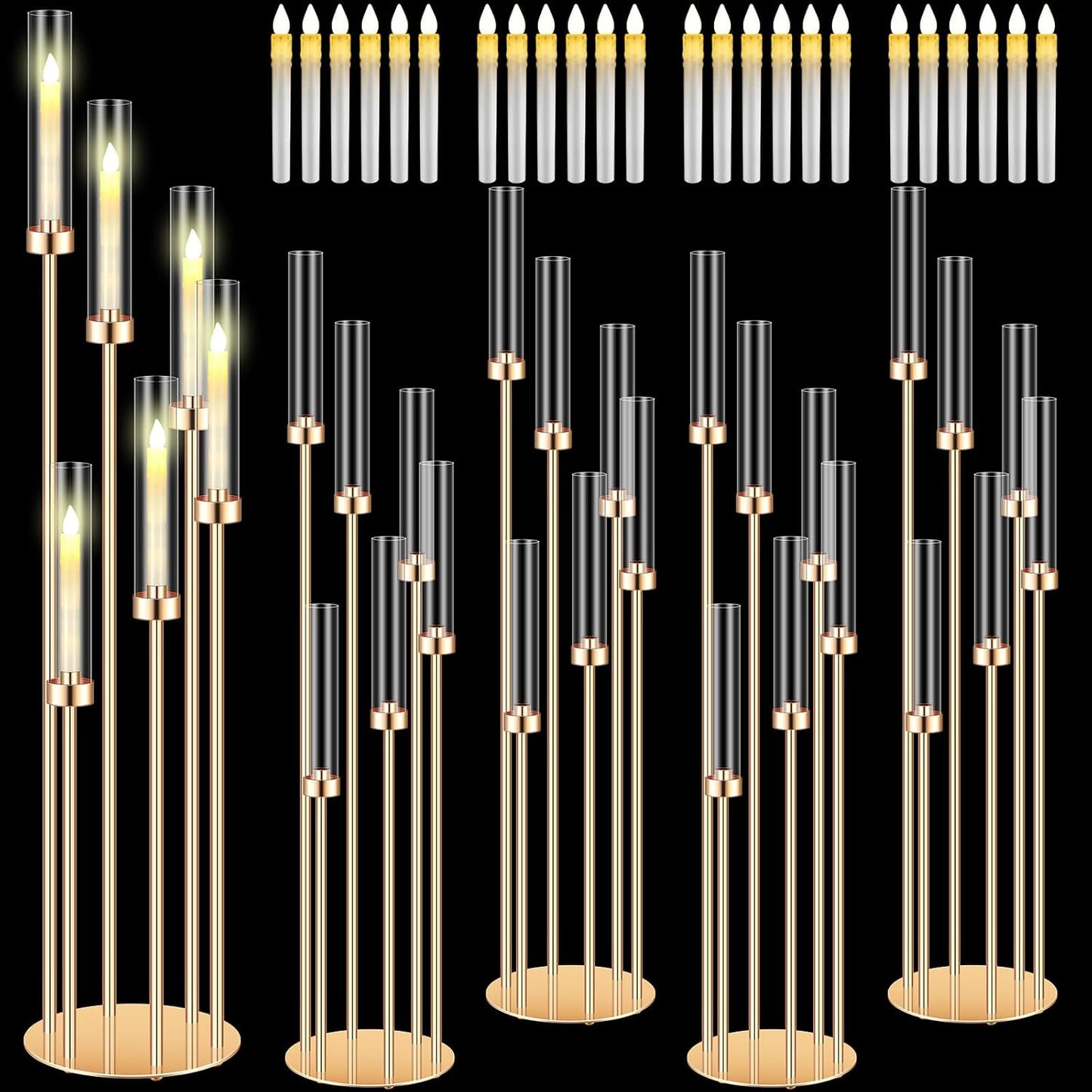 Tandefio 4 Sets Acrylic Candelabra Centerpieces 46.5&#39;&#39; Tall Clear Candle Holders Pillar Taper Candlestick with Lampshades 6 Arm Floor