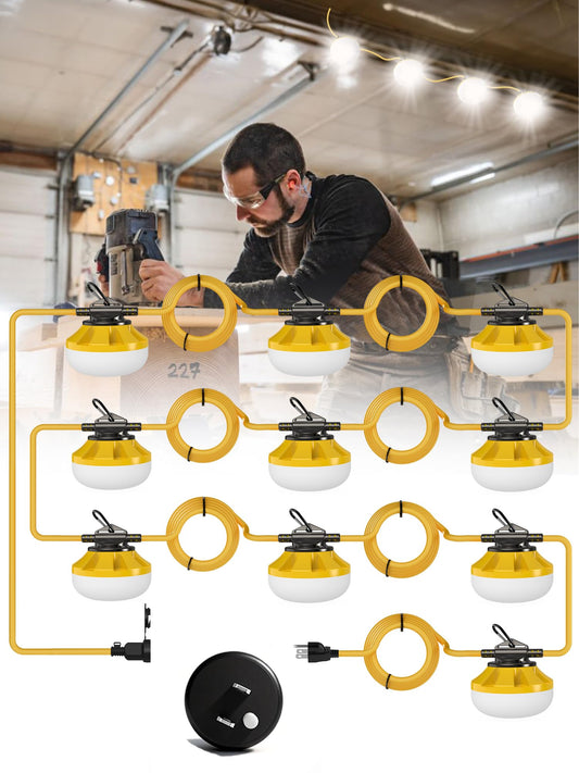 Construction String Lights: 100FT 10 Bulbs Work Lights with 3 Prong - IP65 Waterproof Linkable LED Industrial Temporary Lighting for Construction Sites Attic Crawlspace Renovation 100ft-type B Plug