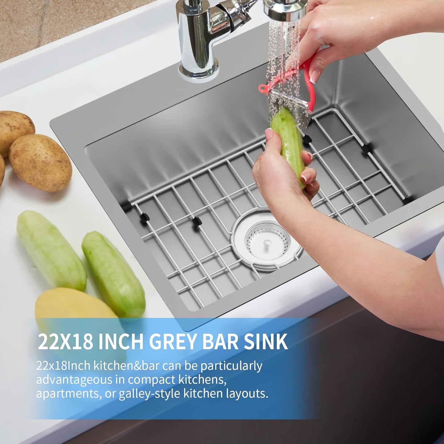 Grey Kitchen Sink, 22'x18' Bar Sink Stainless Steel Drop In Small Kitchen Sink Ideal Choice For Small Spaces Topmount Sink With Bottom Grid,Soap Mat