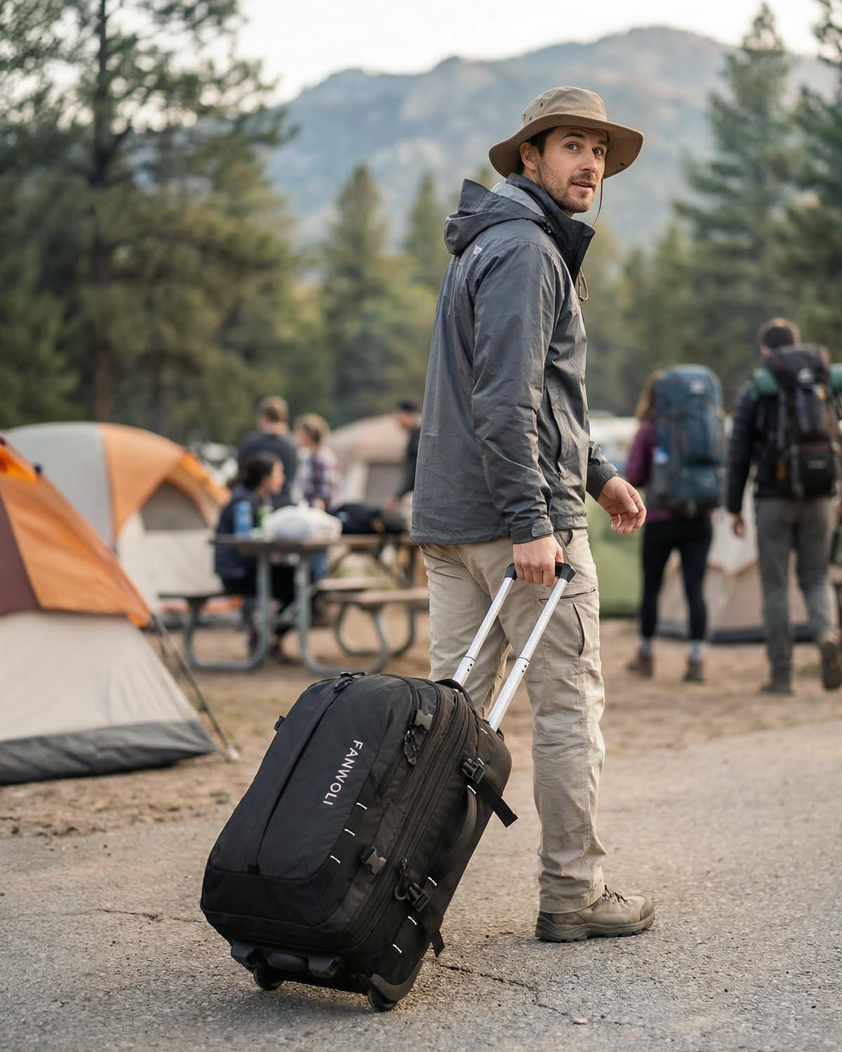 Fanwoli Rolling Vacuum Backpack Travel with One-Button Compression, 55L Expandable, Water Resistant Carry-On Suitcase Luggage, Ideal for Outdoor/Family/Trips Black