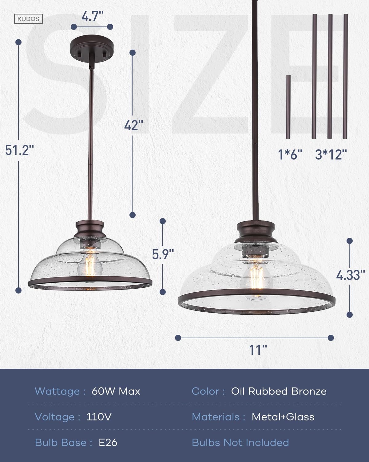 kudos 2 Pack Pendant Lights Kitchen Island, 11" Oil Rubbed Bronze Kitchen Island Lighting with Seeded Glass Shade, Farmhouse Hanging Light Fixture for Kitchen Sink Dining Room Hallways, KDPL14-ORB-2PK