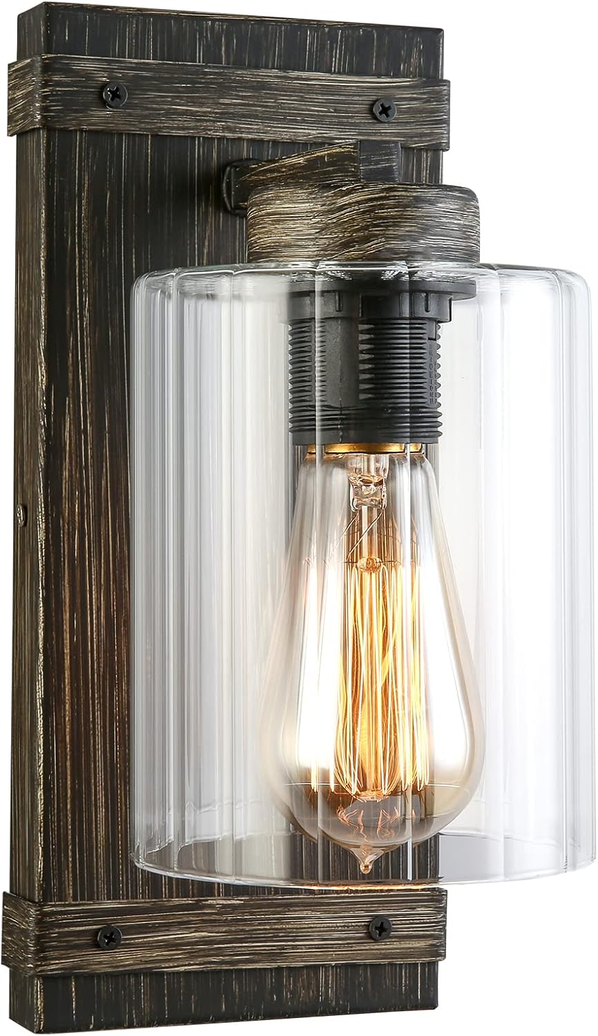 Wall Sconces,Farmhouse Bathroom Light fixtures,Wood Sconces Wall Lighting with Striped Glass,E26 Base Plug in Wall Sconces,Indoor Wall Light