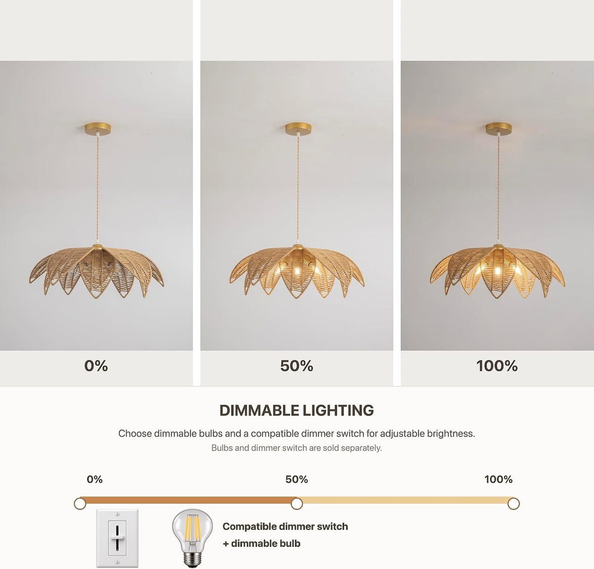 24" Rattan Pendant Light for Dining Room, 3-Light Farmhouse Boho Chandelier with Adjustable Cord, Rattan Light Fixture for Kitchen Island, Living Room, Bedroom, Entryway & Foyer, E12 Base Brown