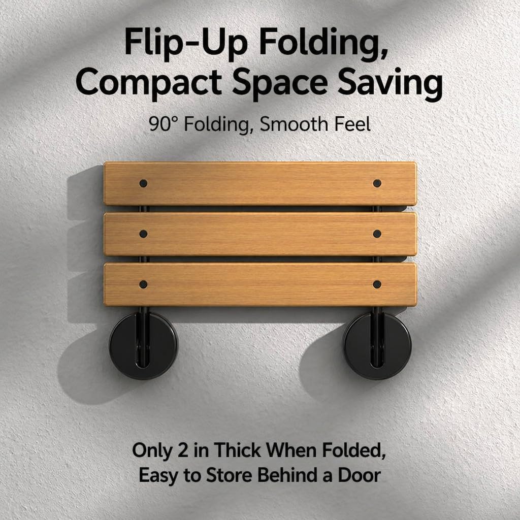 Folding Shower Bench Wall Mounted, Teak, 90° Flip-Up, Space Saving, 400lb