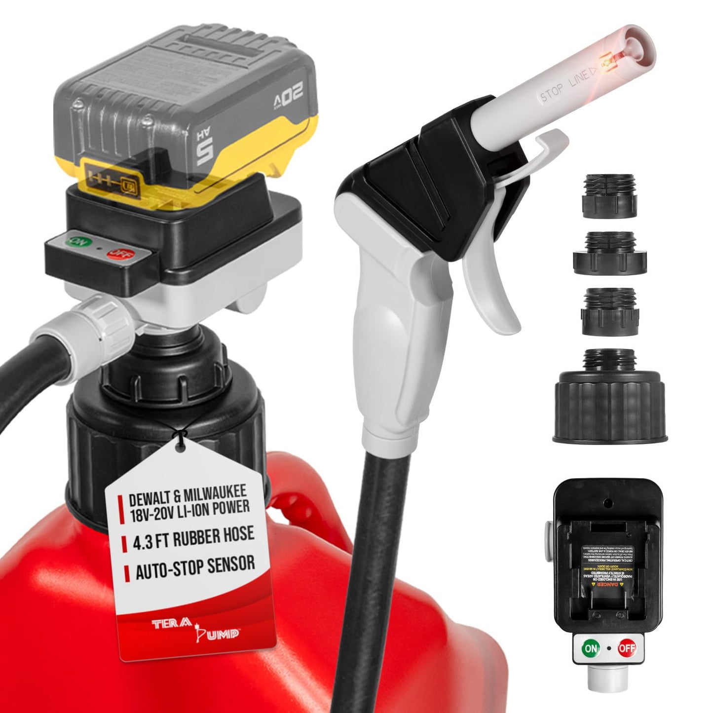 Battery Powered Liquid Transfer Pump (4.0 GPM) – Cordless Pump Compatible with DeWalt 20V & Milwaukee 18V Batteries, Automatic Shutoff Sensor, 51” Heavy-Duty Rubber Hose, 4 Adapters AutoStop Ergonomic Nozzle