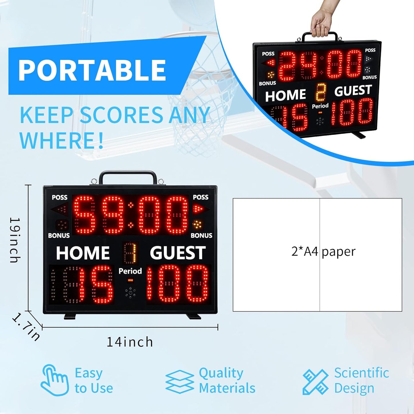 LUCKY TIME Digital Scoreboard with Remote for Sports Games, Display Score with Timer,Built-in Battery & Buzzer, Coach Supplies