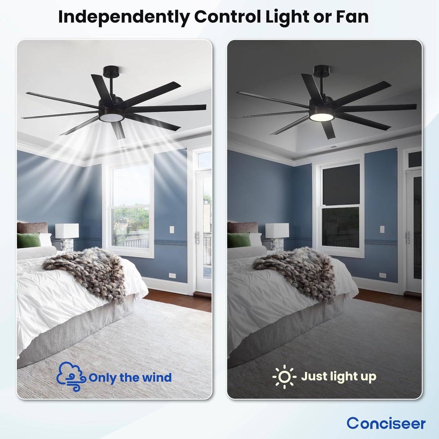 Conciseer Morden Ceiling Fans with Lights,65 Inch Ceiling Fans with Remote for Bedroom Living Room Kitchen, 8 Blades 6 Speed Reversible Quiet DC