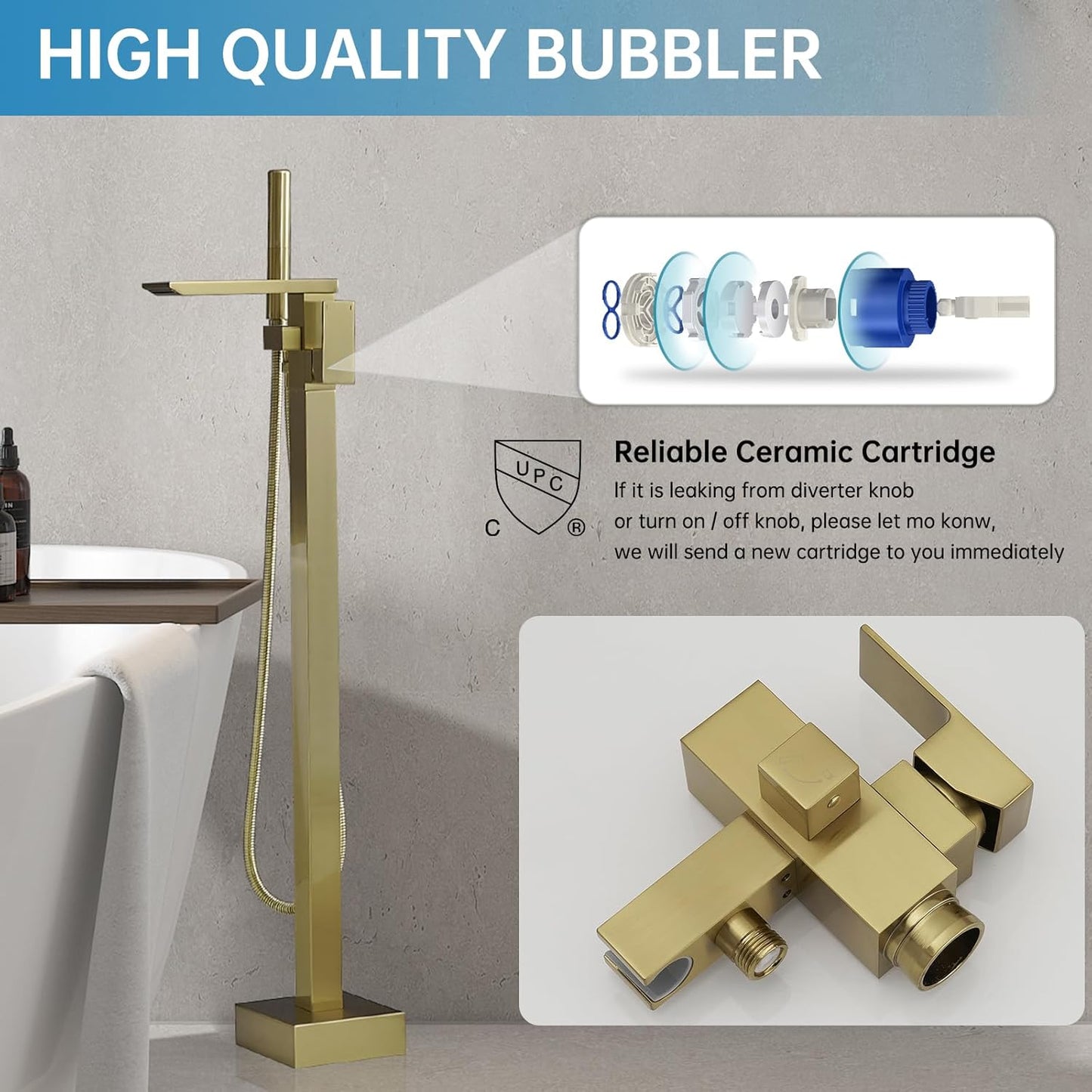 Brushed Gold Bathtub Filler Freestanding Tub Filler Floor Mount Tub Faucet Waterfall Bathtub Faucet with CUPC Certified