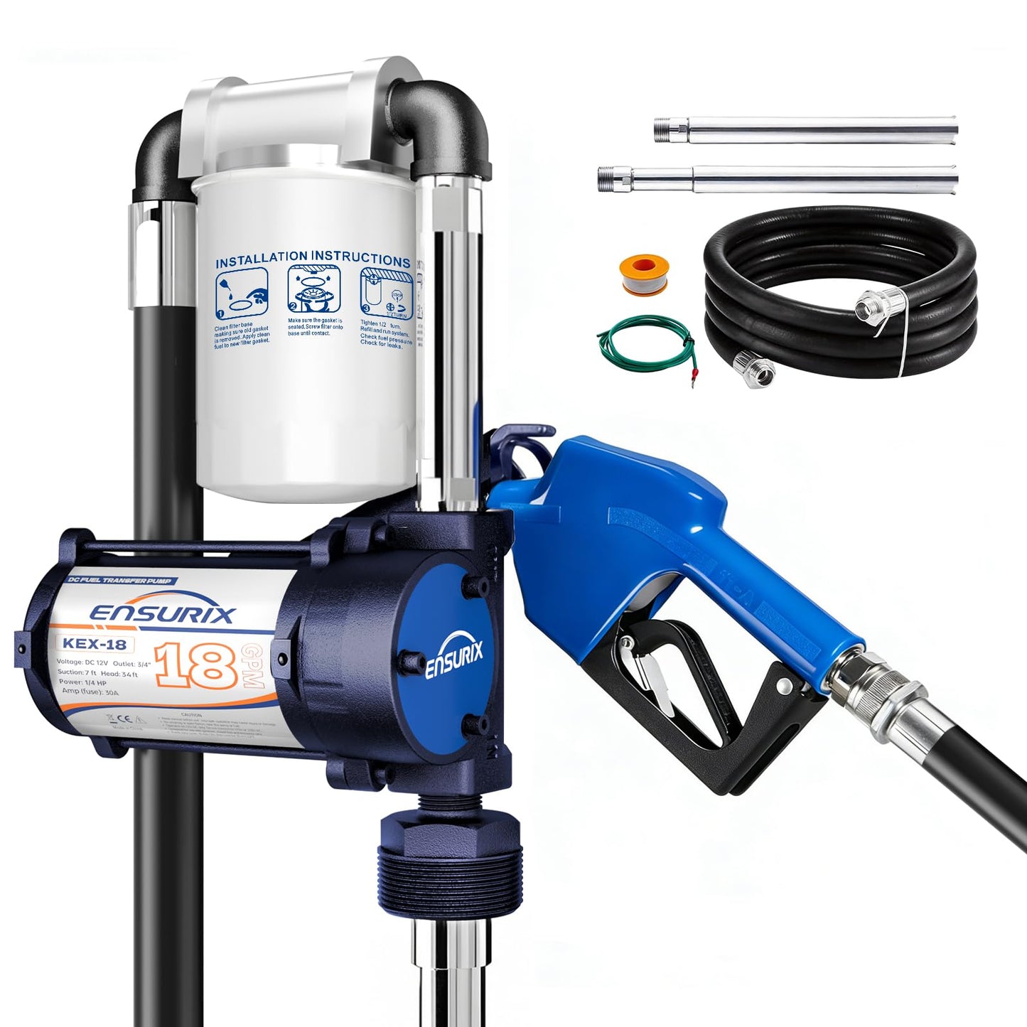 12V Fuel Transfer Pump Kit 18 GPM - Explosion-Proof Gas & Diesel Transfer Pump with Auto Shut-Off Nozzle & Filter - 12 Volt Heavy Duty Fuel Transfer Tank Pump for Tractors, Boats & Job Sites