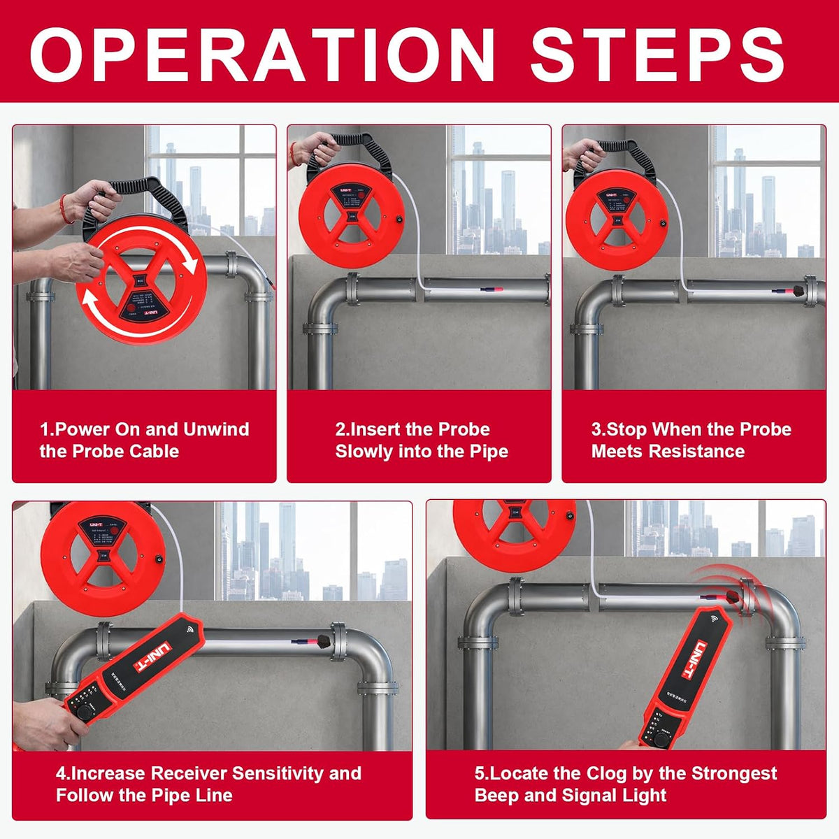 UNI-T Pipe Blockage Detector 115ft Clog Locator for PVC & Metal Water Pipes