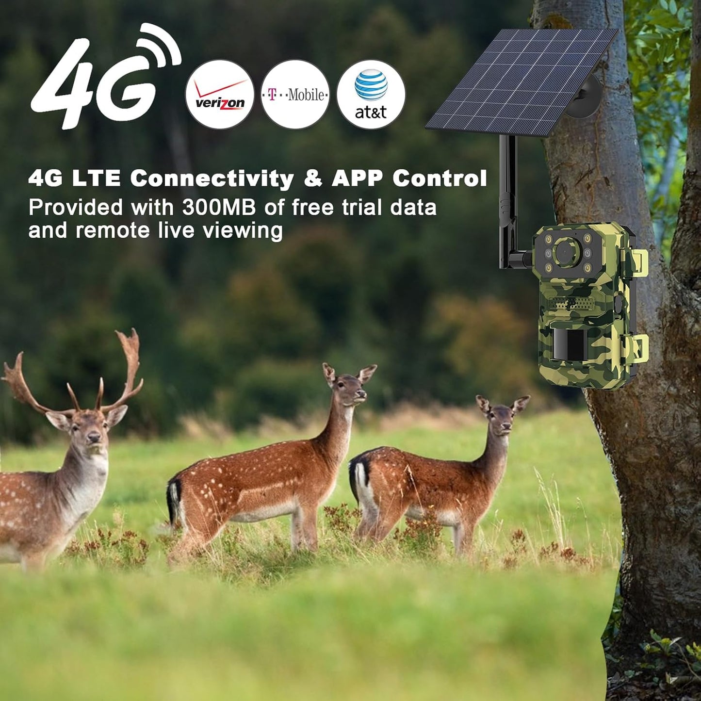 4G LTE Cellular Trail Camera 2.7K 14MP Photos,5W Solar Hunting Camera Work with Pre-Installed SIM Card Only,Wildlife Camera with 7800mAh Battery,PIR