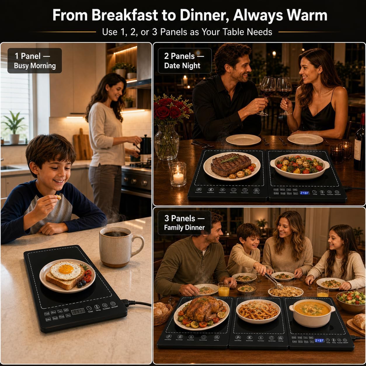 Modular Warming Tray 3-in-1, 25" x 15" Electric Food Warmer for Parties, Tempered Glass Food Warming Mat with 86-248°F Temp, 1-24H Timer for Buffets & Family Dinners