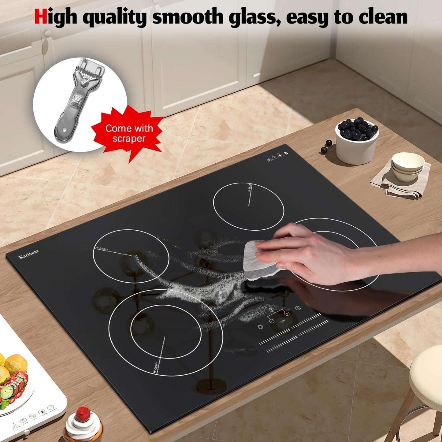 4 Burner Electric Cooktop 30 Inch, 220V Electric Stove Top 30 Inch Built-in Install, 7100W Electric Ceramic Cooktop with Slide Control, Timer, Child