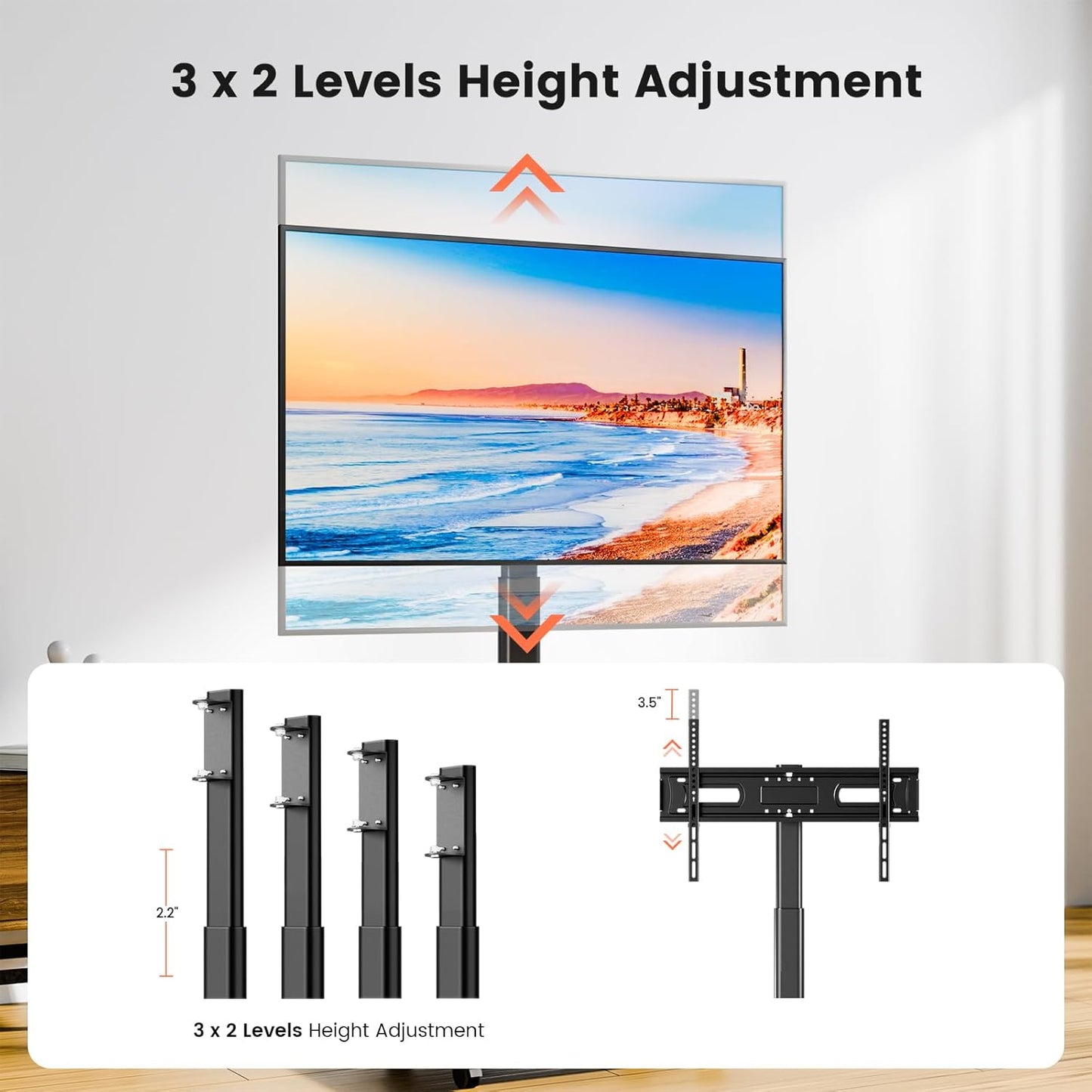 Mobile TV Cart Rolling TV Stand for 26-70 inch Screens, Mobile TV Cart Holds up to 88lbs, 25 Swivel with 6 Levels of Height Adjustment for Optimal