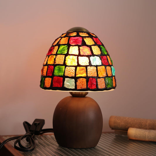 Vintage Stained Glass Table Lamp, Mid-Century Modern Mosaic Nightlight with Solid Rubberwood Base in Walnut Finish, Small Decorative Desk Lamp for Bedroom, Living Room - Warm Amber Glow