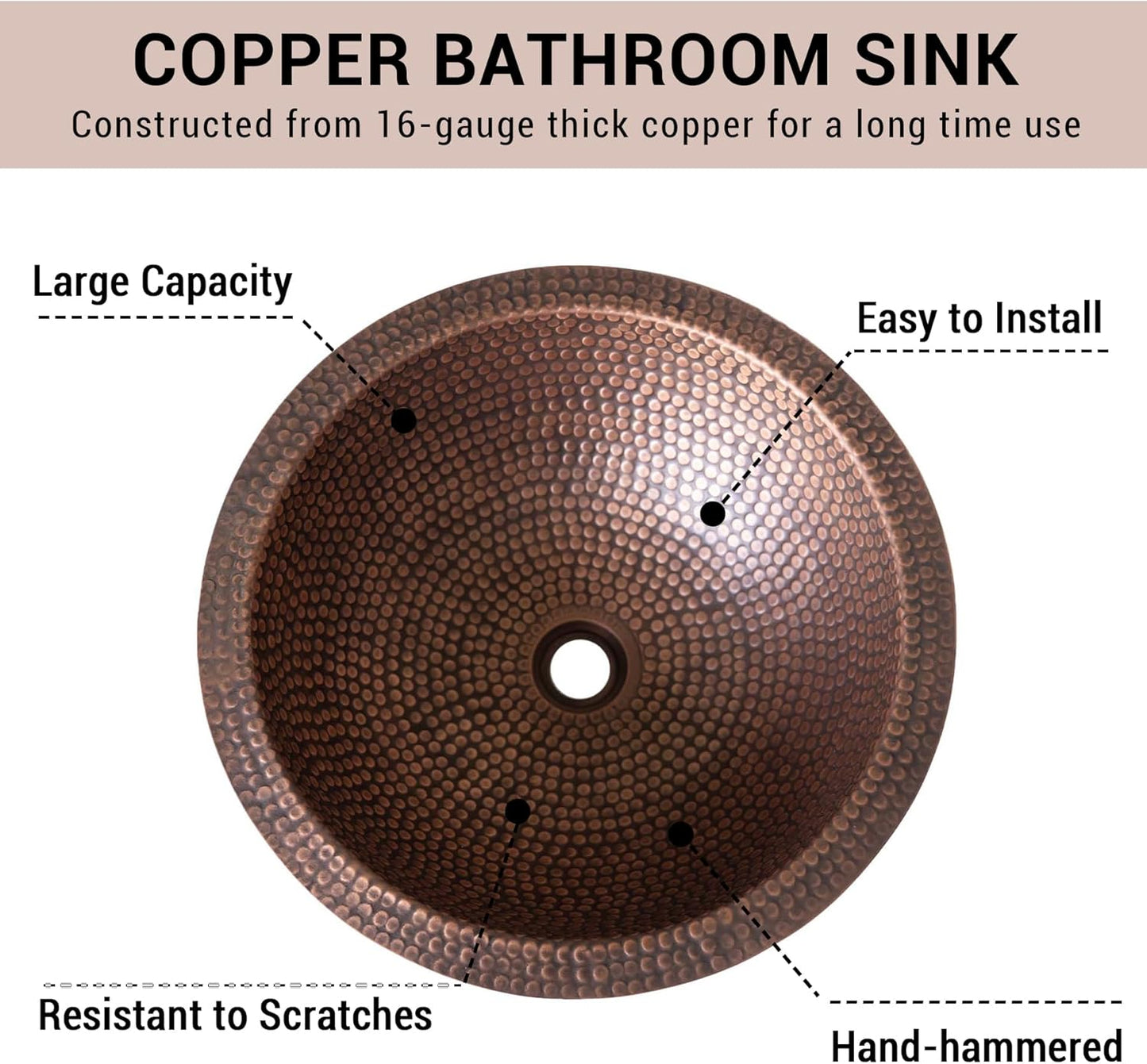 CT Copper Tailor Copper Bathroom Sink Undermount with Pop-Up Drain Stopper,Handmade,Round Shape,Heavy Hammered-Mediu