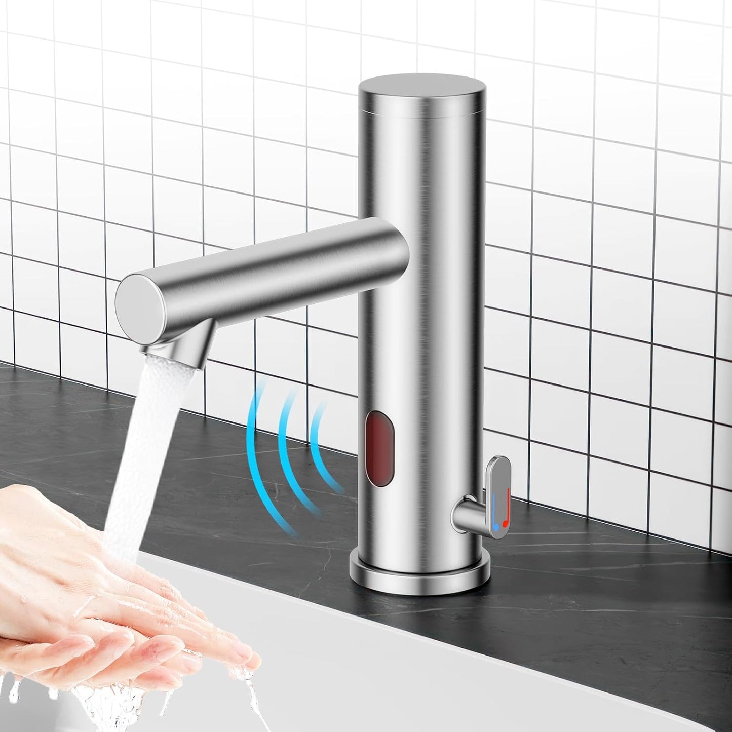 Stainless Steel Automatic Touchless Bathroom Sink Faucet, Hands Free Infrared Sensor Basin Faucet with Temperature