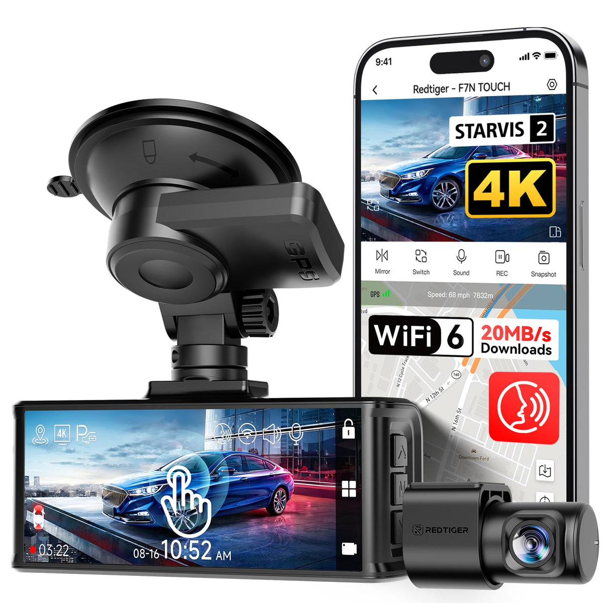 REDTIGER 4K STARVIS 2 Dashcam Front Rear, 5GHz WiFi 20MB/s, Voice Control