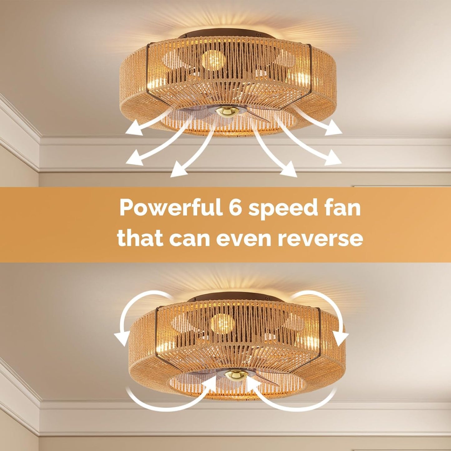 Orison 20 Low Profile Bladeless Ceiling Fans with Lights, Rattan Flush Mount Ceiling Fans with Lights and Remote Control, Enclos