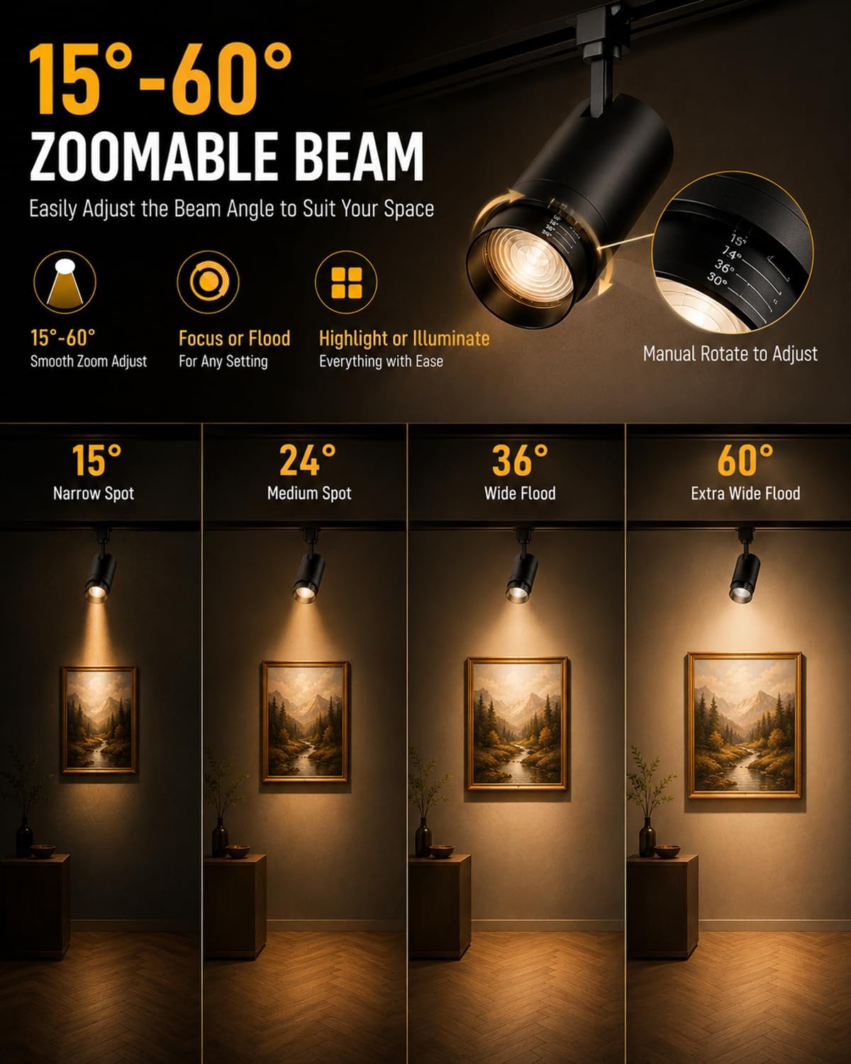 30W Zoomable LED Track Lighting Heads, Remote Control H Type Track Light Fixtures, 15°-60° Beam Angle, 2700K-6500K Stepless Dimming 3000LM CRI90+ Black Ceiling Spotlight, 6 Pack