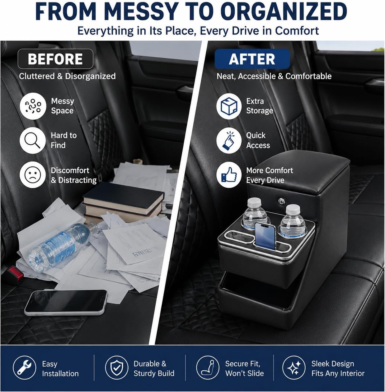 24L Center Console Between Seats for Minivans, SUVs and Trucks, Floor/Bench Seat Organizer with Locking Hidden Storage, Dual Cup Holders, Padded Armrest, Tool-Free Installation