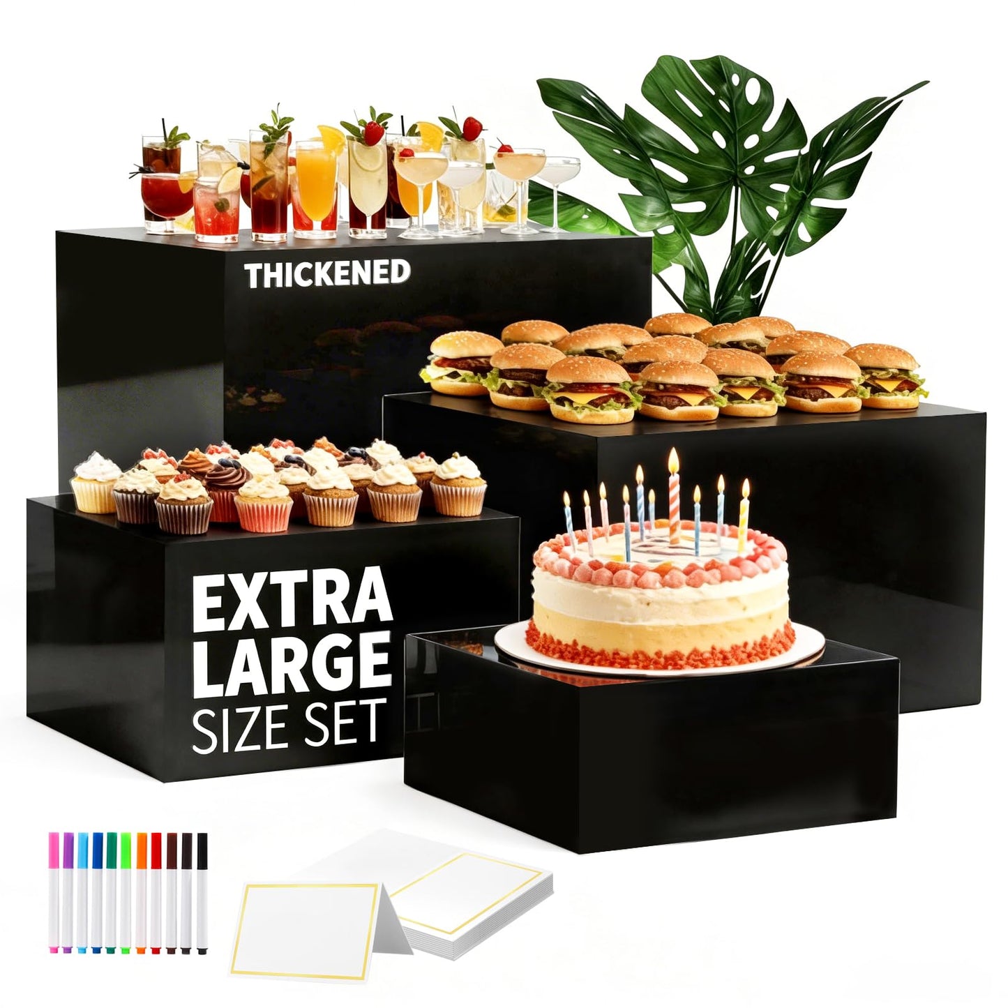 13.8" Extra Large White Risers, Large Size Acrylic Cube Display Nesting Risers, Food risers for buffet table, Black Risers for Catering Dessert Collectibles Jewelry Figures Show