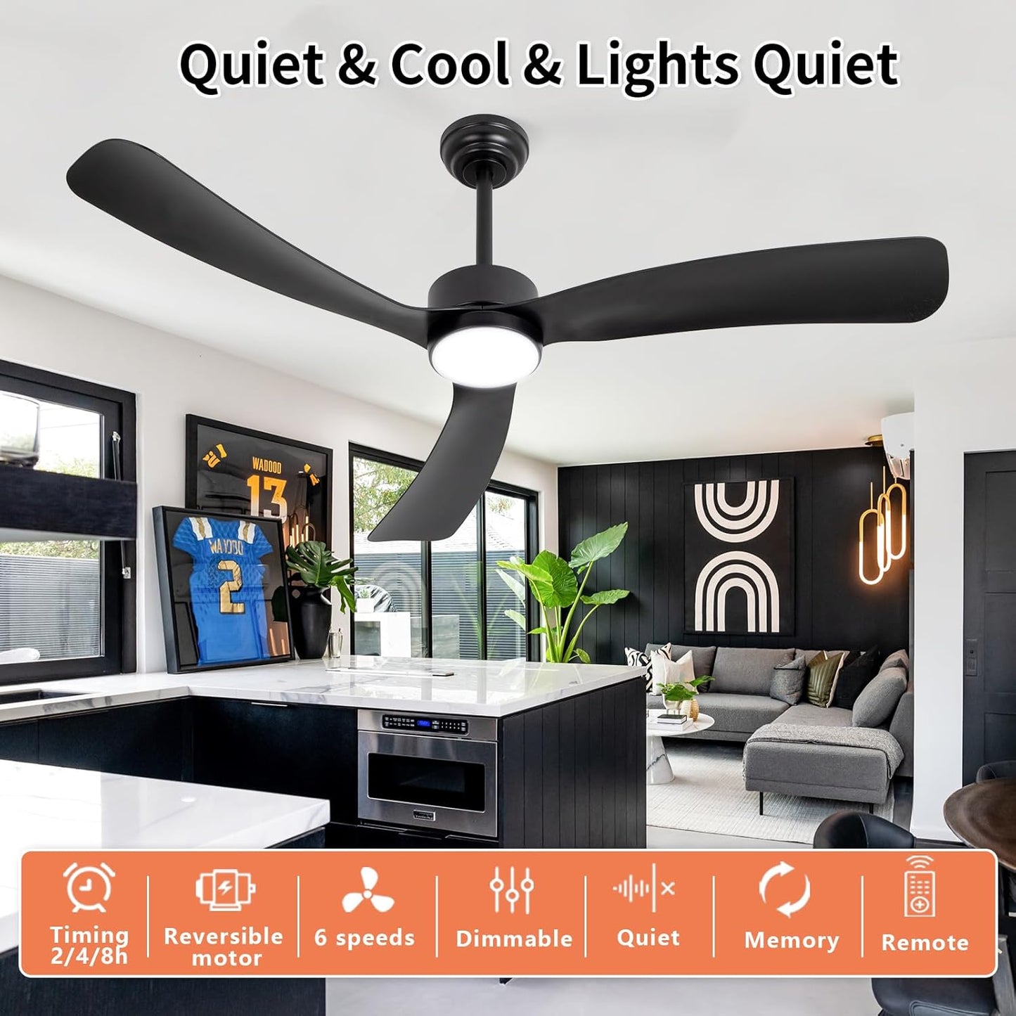 revoici Black Ceiling Fan with Light Remote 52in 6Speed Silent Reversible Motor 3CCT Dimmable LED Height Adjustable Timer Memory Function Modern