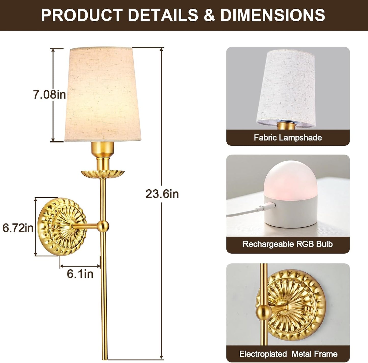 Battery Operated Wall Sconce Set of 2, Gold Wireless Wall Light 23.6 in