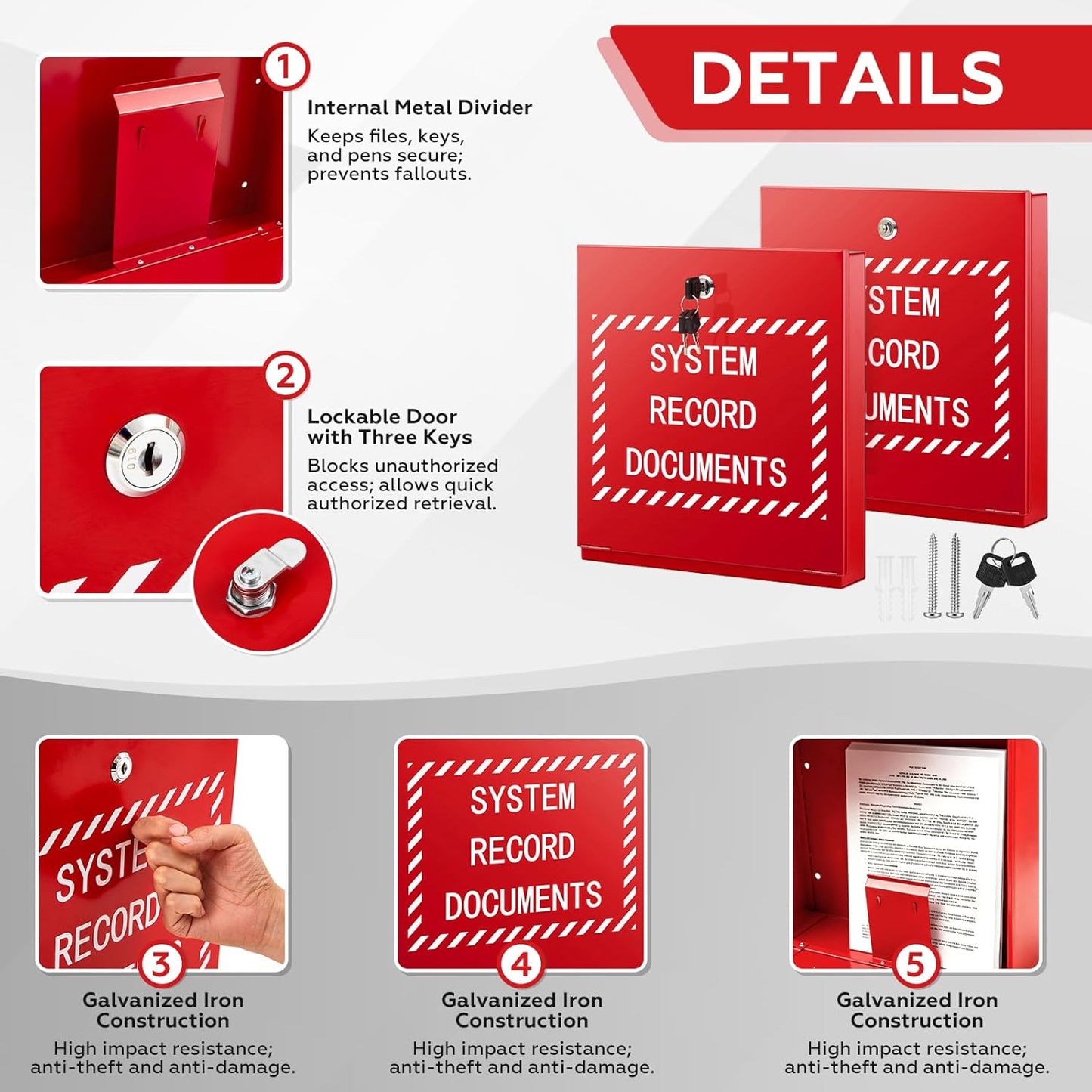 Systems Record Document Cabinet Lock, System File Cabinet Locking Document Storage Red for Office Home with 2 Keys and 6 Screws(12 in x 13 in x 2.35 in)