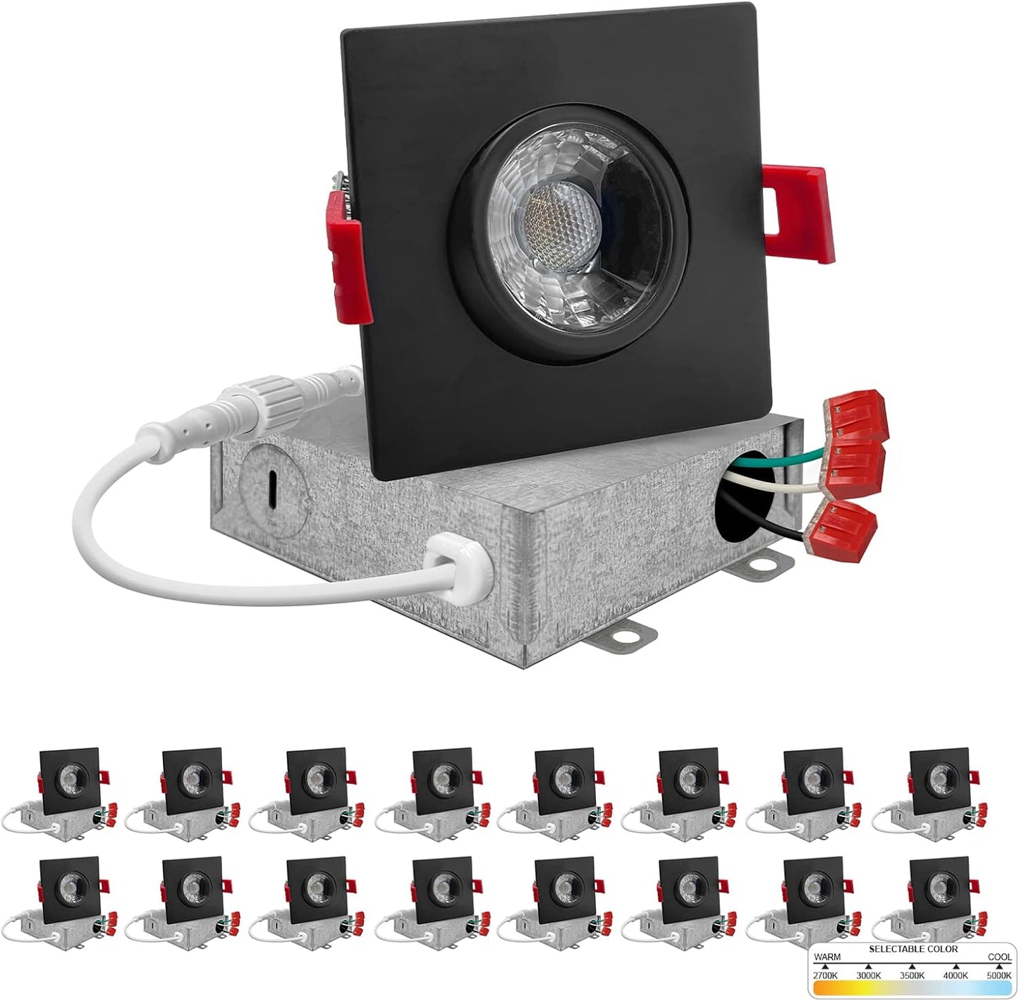 NUWATT | 16 Pack | Black 3 Inch Square Adjustable LED Ceiling Light Gimbal Recessed Lighting Dimmable Canless Downlight 5CCT 2700K | 3000K | 3500K |