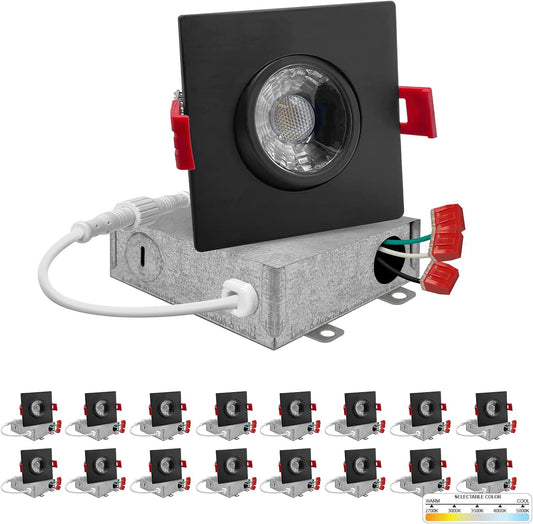 NUWATT | 16 Pack | Black 3 Inch Square Adjustable LED Ceiling Light Gimbal Recessed Lighting Dimmable Canless Downlight 5CCT 2700K | 3000K | 3500K |