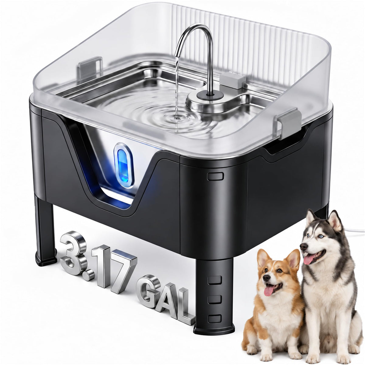3.17 Gal Elevated Dog Water Fountain with Splash Guard, Cool Silver