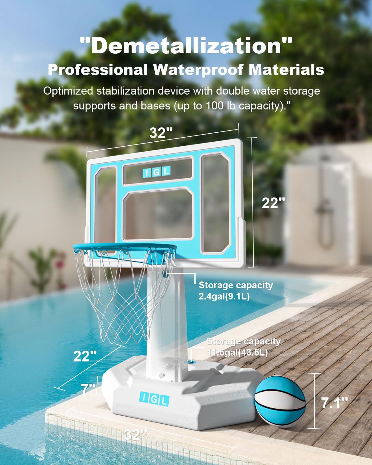 Pool Basketball Hoop Outdoor, Outdoor Poolside Basketball Hoop, Base & Stand Double Water Storage with 2 Ball &am